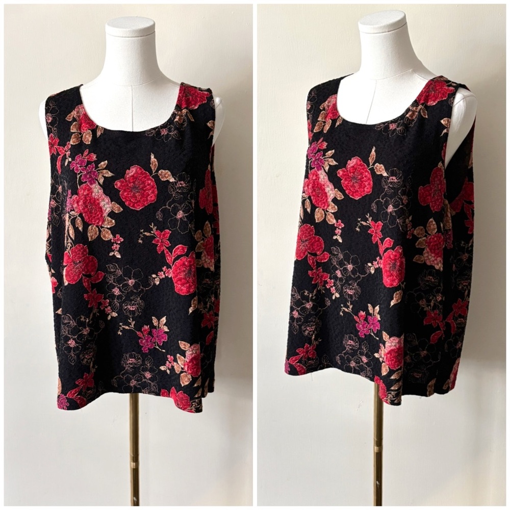 90s Y2K Dark Floral‎ Vintage Whimsical Artistic Textured Stretch Sleeveless Top
